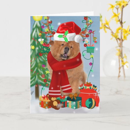 Chow Chow-hond in de sneeuw met kerstcadeaus  Kaart (Gele Bloem)