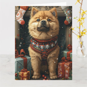Chow Chow-hond met kerstcadeaus bij de open haard Kaart