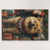 Chow Chow-hond met kerstcadeaus bij de open haard Legpuzzel (Horizontaal)