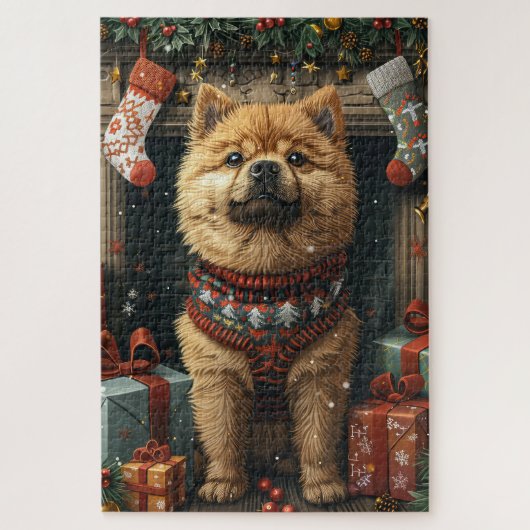 Chow Chow-hond met kerstcadeaus bij de open haard Legpuzzel (Verticaal)