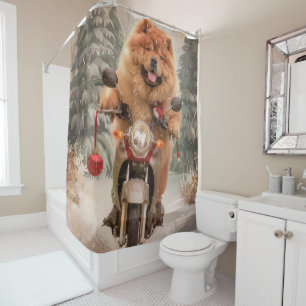 Chow Chow Hond Rijden Motorfiets Kerstmis Douchegordijn