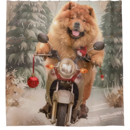 Chow Chow Hond Rijden Motorfiets Kerstmis Douchegordijn (Voorkant)