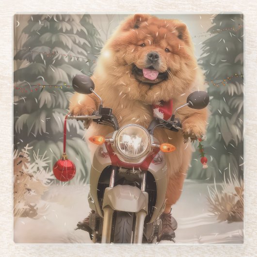 Chow Chow Hond Rijden Motorfiets Kerstmis Glazen Onderzetter (Voorkant)