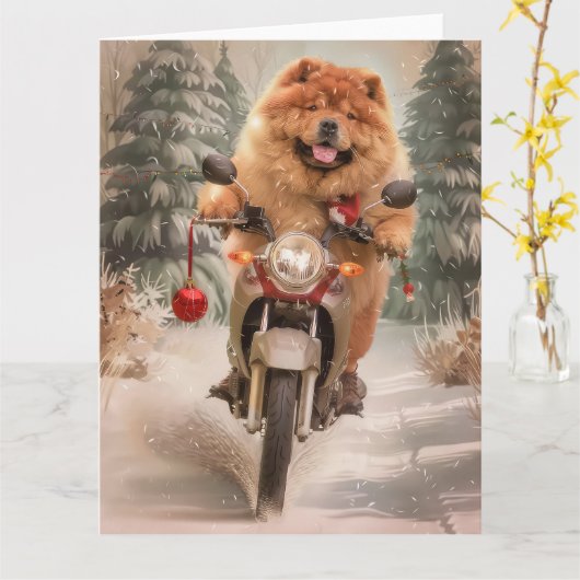 Chow Chow Hond Rijden Motorfiets Kerstmis Kaart (Gele Bloem)