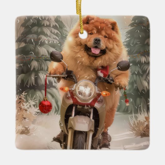 Chow Chow Hond Rijden Motorfiets Kerstmis Keramisch Ornament (Voorkant)