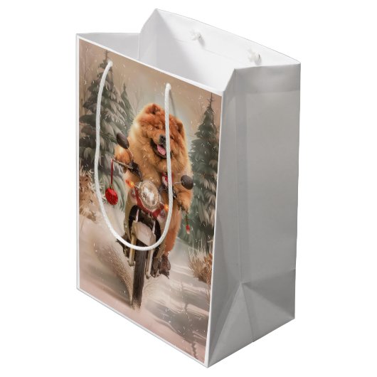 Chow Chow Hond Rijden Motorfiets Kerstmis Medium Cadeauzakje (Achterkant Gekanteld)