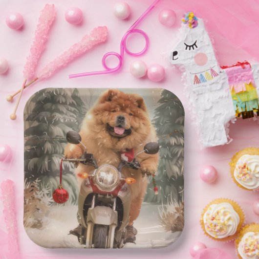 Chow Chow Hond Rijden Motorfiets Kerstmis Papieren Bordje (Feest)