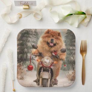 Chow Chow Hond Rijden Motorfiets Kerstmis Papieren Bordje