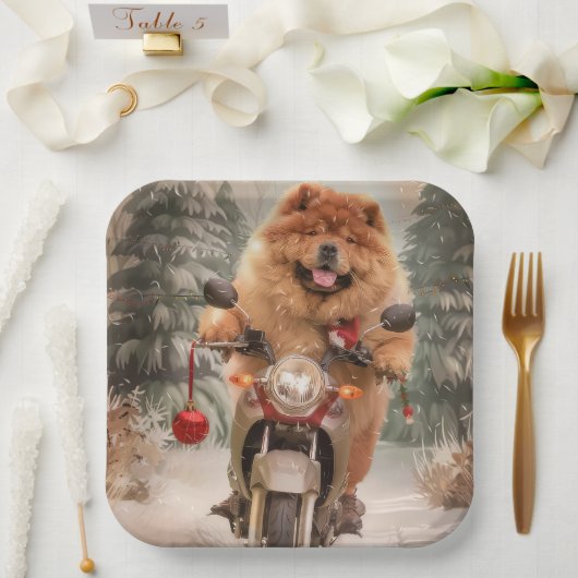 Chow Chow Hond Rijden Motorfiets Kerstmis Papieren Bordje (Huwelijk)