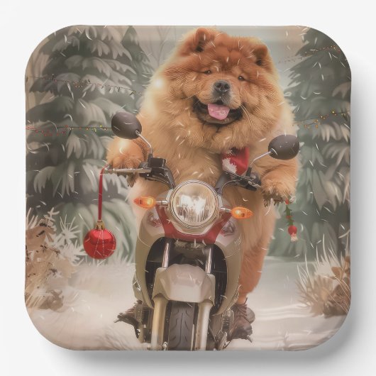 Chow Chow Hond Rijden Motorfiets Kerstmis Papieren Bordje (Voorkant)
