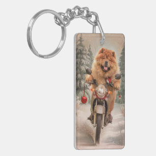Chow Chow Hond Rijden Motorfiets Kerstmis Sleutelhanger