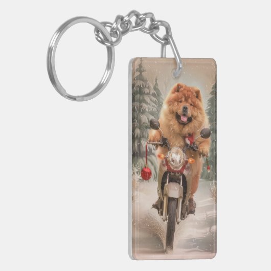 Chow Chow Hond Rijden Motorfiets Kerstmis Sleutelhanger (Voorkant Links)