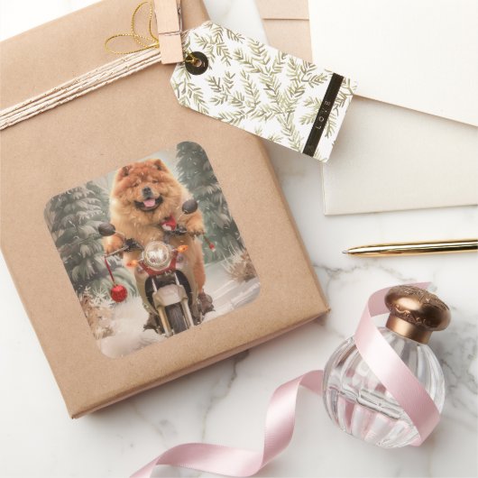 Chow Chow Hond Rijden Motorfiets Kerstmis Vierkante Sticker (Geschenken)