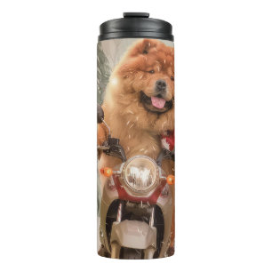 Chow Chow Hond Rijdend op Motorfiets Kerstmis Thermosbeker