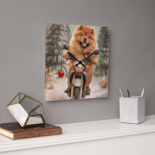 Chow Chow Hond Rijdend op Motorfiets Kerstmis Vierkante Klok