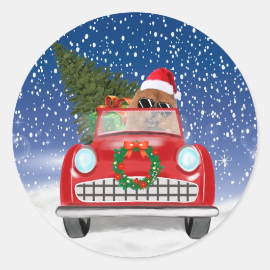 Chow Chow-hond rijdt auto in de sneeuw Ronde Sticker (Voorkant)