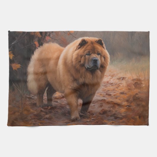 Chow Chow in Autumn Leaves Herfst Inspire Theedoek (Horizontaal)