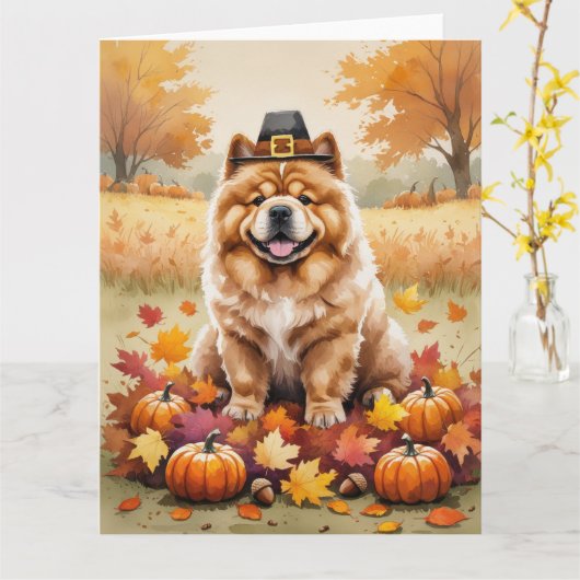 Chow Chow In Autumn verlaat Thanksgiving Kaart (Gele Bloem)