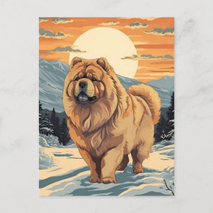 Chow Chow in de besneeuwde bergen tijdens zonsonde Briefkaart