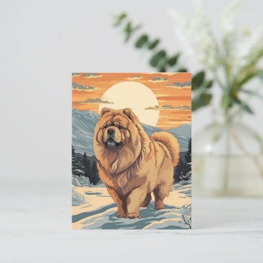 Chow Chow in de besneeuwde bergen tijdens zonsonde Briefkaart (Staand voorkant)