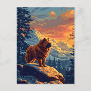 Chow Chow in de besneeuwde bergen tijdens zonsonde Briefkaart