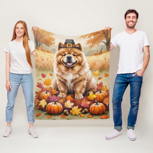 Chow Chow in herfstbladeren dankdag kunst Fleece Deken (In situ)