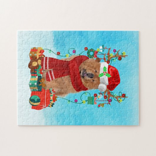 Chow Chow in sneeuw met kerstcadeaus Legpuzzel (Horizontaal)