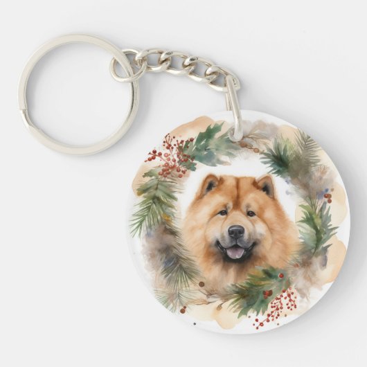 chow chow Kerst Krans Festieve Pup Sleutelhanger (Voorkant)