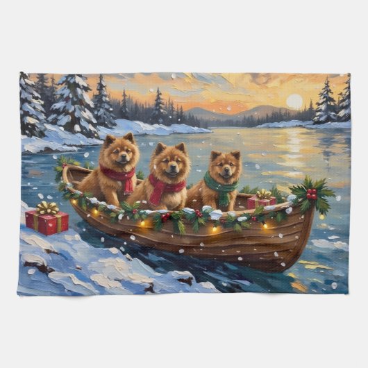 Chow Chow Kerstboot Vakantie Theedoek (Horizontaal)