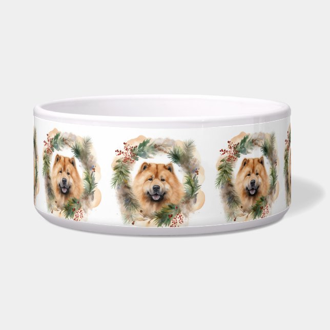 Chow Chow Kerstkrans Festieve Pup Voerbakje (Voorkant)