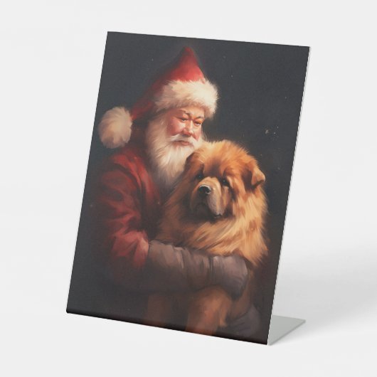 Chow Chow met Sinterklaas Feestelijke Kerstmis Reclamebord Met Voetstuk (Voorkant)