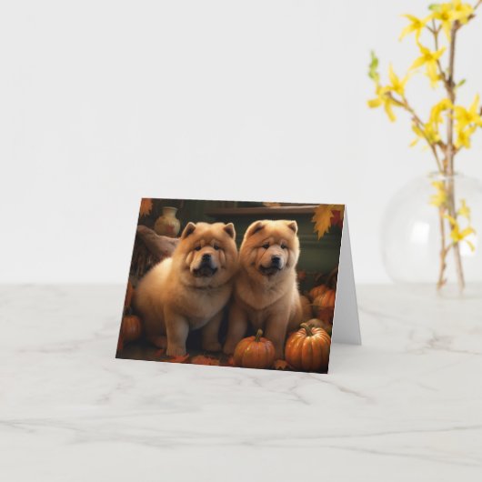 Chow Chow Pup Autumn Delight Pompoen Kaart (Gele Bloem)