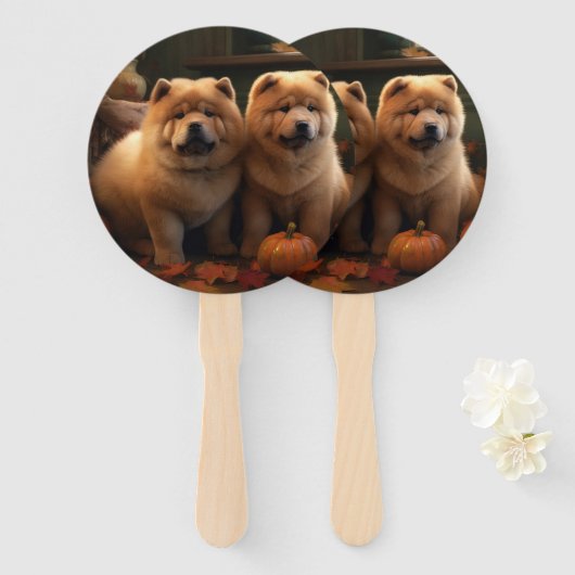 Chow Chow Puppy Herfst Delight Pompoen Handwaaier (Voorkant en achterkant)