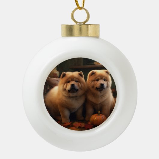 Chow Chow Puppy Herfst Plezier Pompoen Keramische Bal Ornament (Voorkant)