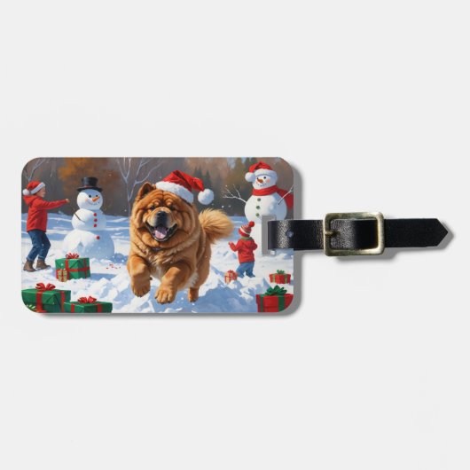 Chow Chow Rent in de Sneeuw met Kerstmuts Bagagelabel (Voorkant horizontaal)