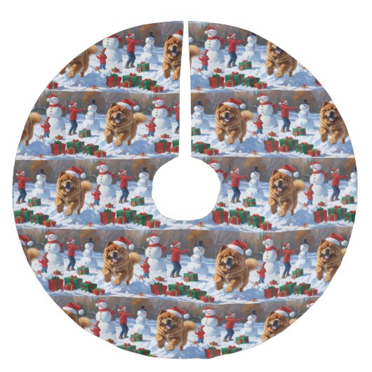 Chow Chow Rent in de Sneeuw met Kerstmuts Kerstboom Rok (Voorkant)
