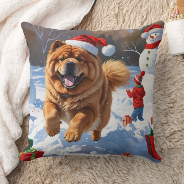Chow Chow Rent in de Sneeuw met Kerstmuts Kussen (Deken)
