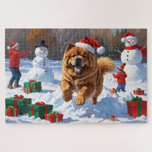 Chow Chow Rent in de Sneeuw met Kerstmuts Legpuzzel