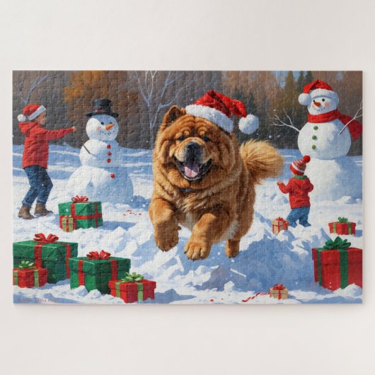 Chow Chow Rent in de Sneeuw met Kerstmuts Legpuzzel (Horizontaal)