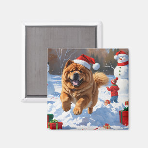 Chow Chow Rent in de Sneeuw met Kerstmuts Magneet