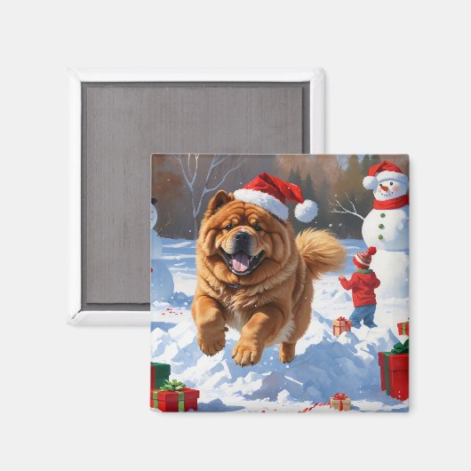 Chow Chow Rent in de Sneeuw met Kerstmuts Magneet (Voorkant / Achterkant)