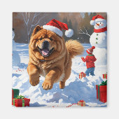 Chow Chow Rent in de Sneeuw met Kerstmuts Magneet (Voorkant)