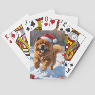 Chow Chow Rent in de Sneeuw met Kerstmuts Pokerkaarten