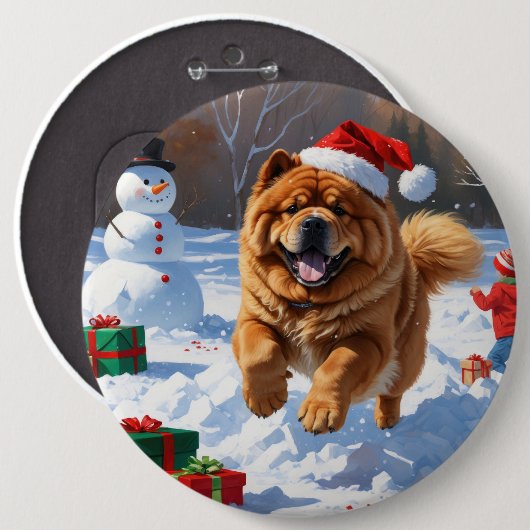 Chow Chow Rent in de Sneeuw met Kerstmuts Ronde Button 6,0 Cm (Voorkant /achterkant)