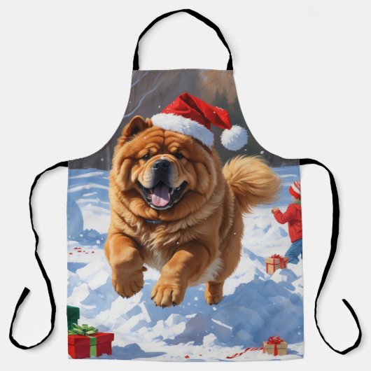 Chow Chow Rent in de Sneeuw met Kerstmuts Schort (Voorkant)