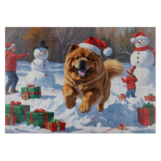 Chow Chow Rent in de Sneeuw met Kerstmuts Snijplank (Voorkant)