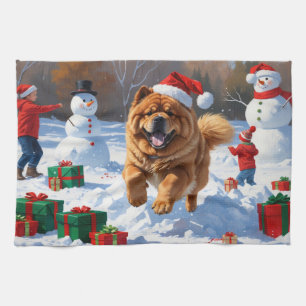 Chow Chow Rent in de Sneeuw met Kerstmuts Theedoek