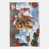 Chow Chow Rent in de Sneeuw met Kerstmuts Theedoek (Verticaal)