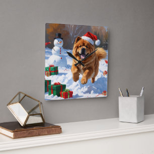 Chow Chow Rent in de Sneeuw met Kerstmuts Vierkante Klok
