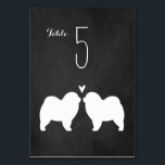 Chow Chow Silhouetten Trouwreceptie Kaart<br><div class="desc">Chow bruid en bruidegom silhouetten met hart. Een krijtbord stijl bruiloft receptie tafel kaart voor Chow liefhebbers. Elke kaart moet afzonderlijk worden genummerd en aan het winkelwagentje worden toegevoegd. Bezoek Jenn's Doodle World voor nog meer hondenras tafelkaarten en producten voor huwelijksplanning.</div>